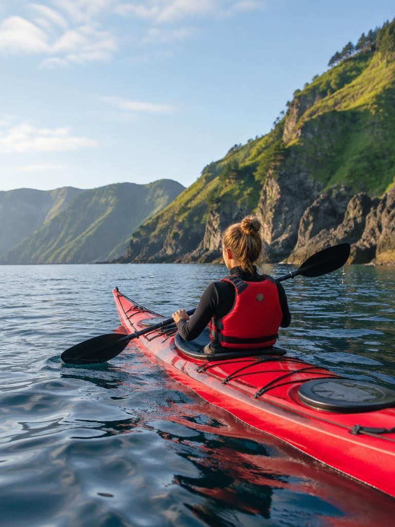 A woman sea kayaking along a green, cliff-lined coast.