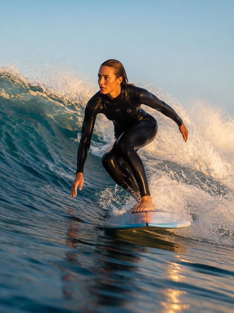 A woman surfing a blue wave at golden hour.
