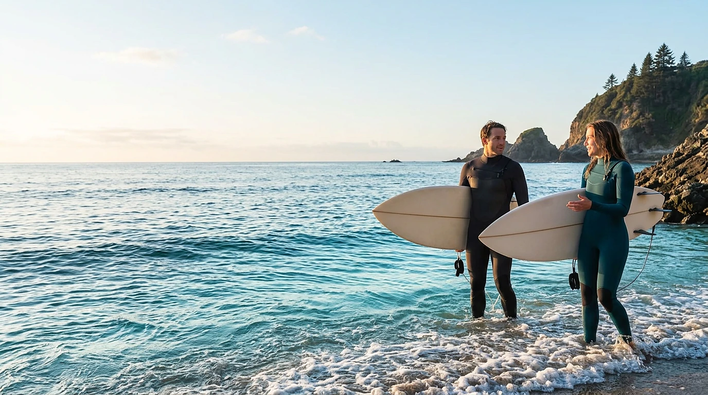 Illustrative brand scene of two surfers preparing to enter turquoise coastal water with their boards.