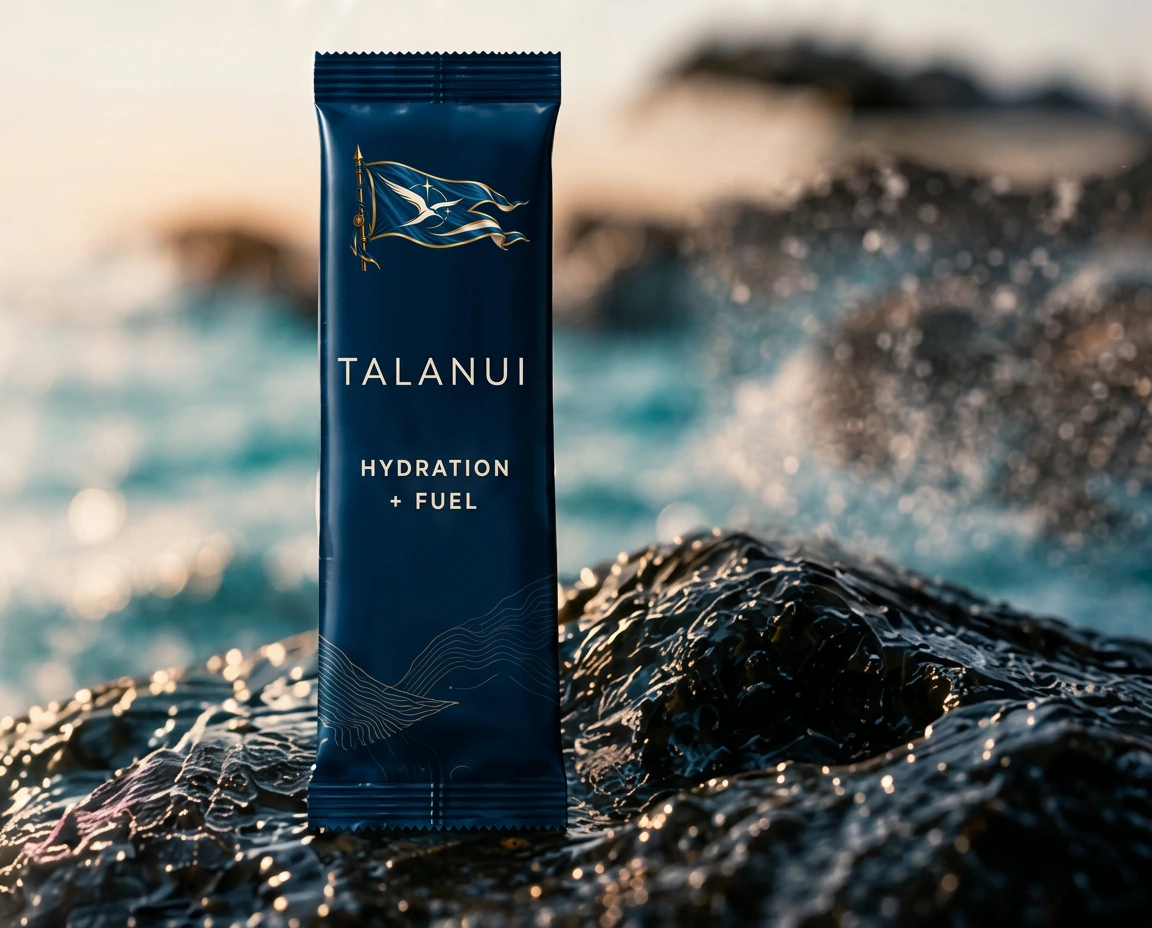 Talanui packaging concept: one navy stick packet bearing the original Talanui flag and Hydration + Fuel lettering on wet coastal rocks beside turquoise water.